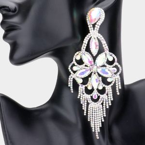 Marquise Stone Flower Accented Chandelier Evening Earrings